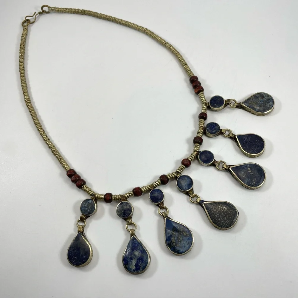 VINTAGE TRIBAL AFGAN 1970'S LAPIS LAZULI SILVER TONE NECKLACE WITH TEAR DROPS